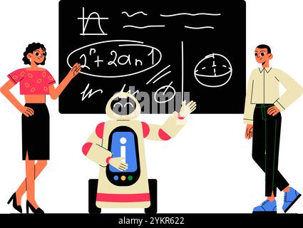 Robot enseignant les mathématiques aux étudiants en illustration vectorielle plate symbolisant l'éducation, l'intégration de l'IA et le partage des connaissances, isolé sur blanc Illustration de Vecteur