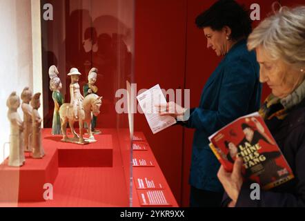 (241119) -- PARIS, 19 novembre 2024 (Xinhua) -- les gens visitent une exposition intitulée 'Chine Tang - Une dynastie cosmopolite (VIIe-Xe siècle)' au Musée national Guimet des Arts asiatiques à Paris, France, 18 novembre 2024. L'exposition a été inaugurée lundi au Musée national des arts asiatiques Guimet L'exposition, dirigée par l'Administration nationale du patrimoine culturel de Chine et le Ministère français de la culture, présente plus de 200 pièces ou ensembles d'objets exquis provenant de 32 institutions culturelles et muséales dans 10 régions et villes provinciales de Chine. (Xinhua/Gao Jing) Banque D'Images