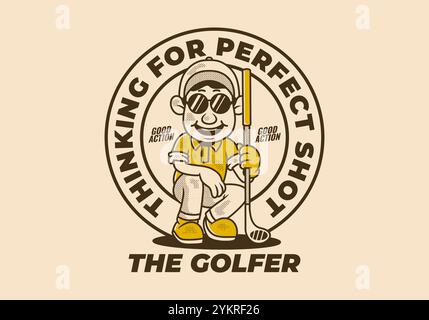 Le golfeur, attendant le tir parfait. Personnage rétro de l'homme golfeur tenant un bâton de golf, conception d'illustration Illustration de Vecteur