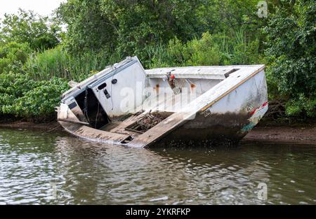 Un bateau délabré repose à un angle en eau peu profonde, partiellement submergé et entouré de plantes vibrantes. Banque D'Images