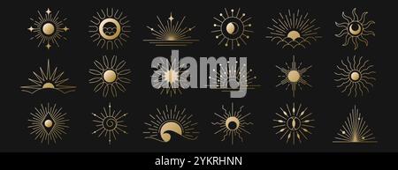 Ensemble de logo de lever de soleil de boho linéaire doré, icônes de coucher de soleil, faisceau lumineux ou rayons du soleil du matin. Rafale de soleil dessinée à la main, rayons de soleil de contour, soleil. Symboles mystiques, éléments de conception bohème de la ligne d'or ésotérique magique Illustration de Vecteur