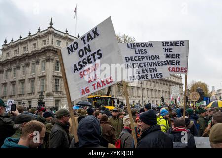 Londres, Royaume-Uni. 19 novembre 2024. Des membres de la communauté agricole de Westminster lors d’une manifestation contre les plans d’impôt sur les successions du gouvernement qui pourraient avoir un impact significatif sur les exploitations familiales. Dans le budget d'automne, présenté par Rachel Reeves, Chancelière de l'Échiquier, l'allègement des biens agricoles (TAEG) sera limité, ce qui réduira l'allègement fiscal sur les terres héritées. Les manifestants disent qu'il sera de plus en plus difficile de transmettre les fermes de génération en génération en raison des coûts fiscaux supplémentaires. Credit : Stephen Chung / Alamy Live News Banque D'Images