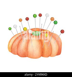 Coussin d'épingle orange avec aiguilles et épingles métalliques. Clipart de couture. Sur mesure. Coutellerie. Illustration d'aquarelle dessinée à la main. Banque D'Images