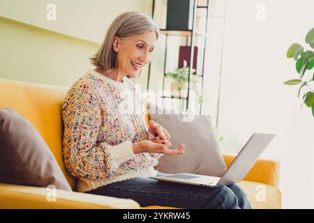 Heureuse femme âgée profitant d'un appel vidéo relaxant à la maison dans un salon confortable avec lumière naturelle et décoration intérieure charmante Banque D'Images