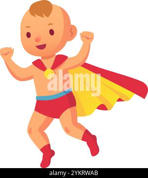 Adorable bébé super-héros portant une cape rouge et jaune et une médaille d'or, volant les bras levés, représentant courage, force et petite enfance Illustration de Vecteur