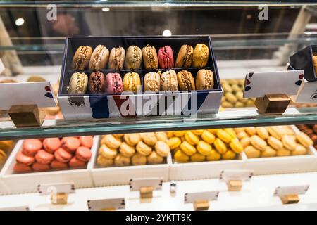 Divers assortiment de desserts confiserie sur le comptoir dans une boulangerie. Paris, France Banque D'Images