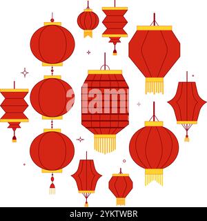 Ensemble de lanternes rouges pour célébrer le nouvel an lunaire chinois. Décor de composition ronde de cercle asiatique traditionnel avec lanternes, ensemble de logo graphique vectoriel Illustration de Vecteur