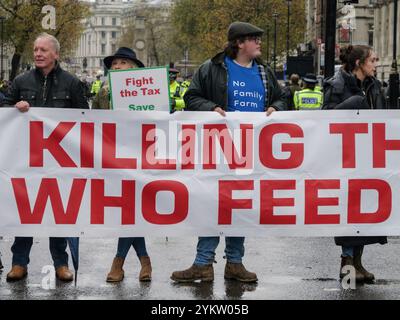 Les manifestants se rassemblent avec des pancartes après que les agriculteurs marchent à Westminster pour protester contre l'introduction de l'impôt sur les successions IHT pour les propriétaires de fermes Banque D'Images