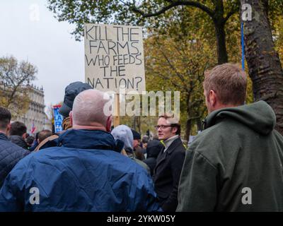 Les manifestants se rassemblent avec des pancartes après que les agriculteurs marchent à Westminster pour protester contre l'introduction de l'impôt sur les successions IHT pour les propriétaires de fermes Banque D'Images