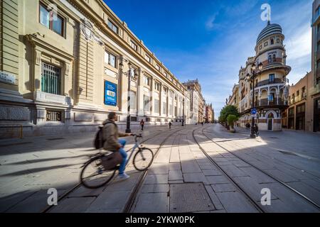 Séville, Espagne, janvier 28 2021, Un cycliste passe devant le pittoresque bâtiment Adriatica sur l'Avenida de la Constitucion à Séville. La rue est bordée d'esprit Banque D'Images