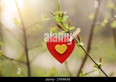 Respect de la nature. Symbole de coeur, branche verte, temps de printemps. Concept de soins de la nature. Écologie et protection de l'environnement. Énergies renouvelables Banque D'Images