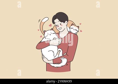 Animaux amoureux et chat amoureux concept personne.Jeune homme souriant aimant personnages de dessin animé debout tenant deux gros chats sur les mains embrassant embrassant vect Banque D'Images