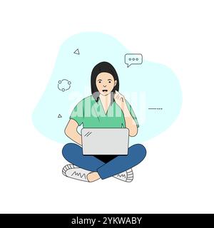 Concept de travail ou d'étude. Une jeune femme est assise avec un ordinateur portable, appel vidéo. Elle travaille, dactylographie, surfe sur Internet et utilise la technologie. Illustration de Vecteur