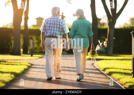 Couple marchant sur l'allée du parc. Vue arrière des personnes âgées. De forts liens d'amour. Je suis avec toi Banque D'Images