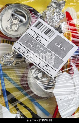 Gros plan vertical pile de divers déchets enveloppés dans du plastique. Divers déchets plastiques avec étiquette Banque D'Images