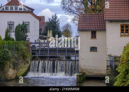 Bâtiments historiques avec moulin à eau le long d'une rivière sous un ciel d'automne, Gemen, muensterland, allemagne Banque D'Images