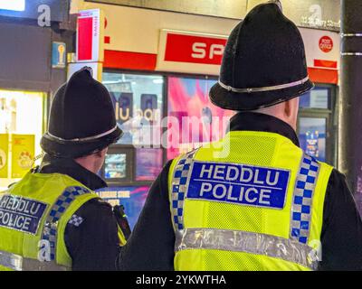 Cardiff, pays de Galles, Royaume-Uni - 17 novembre 2024 : vue arrière des agents de la police du sud du pays de Galles en service dans le centre-ville la nuit Banque D'Images