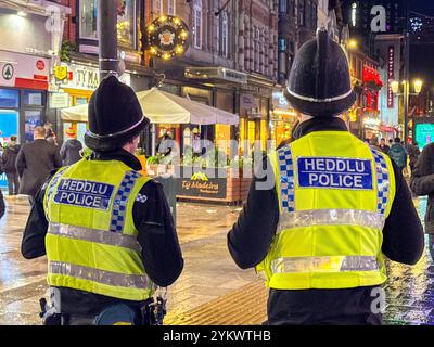 Cardiff, pays de Galles, Royaume-Uni - 17 novembre 2024 : vue arrière des agents de la police du sud du pays de Galles en service dans le centre-ville la nuit Banque D'Images