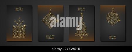 Set carte de Noël dans un style géométrique minimaliste moderne, texture or, fond noir de luxe doré, éléments pour calendrier et cartes de voeux Illustration de Vecteur