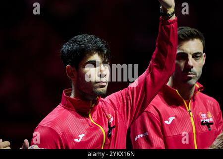 Malaga, Espagne . 19 novembre 2024. Carlos Alcaraz de l'équipe d'Espagne vu en action lors des quarts de finale Coupe Davis finale 8 matchs simples 1 le 19 novembre 2024 Martin Carpena Arena . (Photo de Vicente Vidal Fernandez/Sipa USA) crédit : Sipa USA/Alamy Live News Banque D'Images