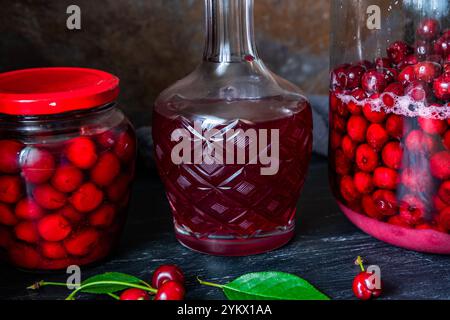 Conserves de cerises faites maison dans un bocal en verre et cerises rouges fraîchement dénoyautées conservées dans du sirop de sucre. Nourriture biologique en conserve du jardin. Banque D'Images