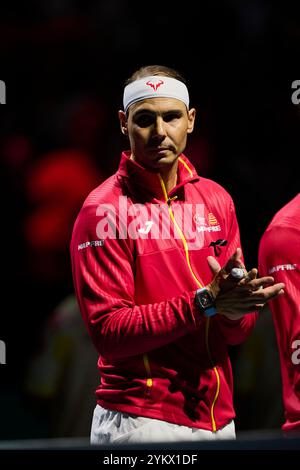 Malaga, Espagne . 19 novembre 2024. Rafael Nadal de l'équipe d'Espagne vu en action lors des quarts de finale Coupe Davis finale 8 matchs simples 1 le 19 novembre 2024 Martin Carpena Arena . (Photo de Vicente Vidal Fernandez/Sipa USA) crédit : Sipa USA/Alamy Live News Banque D'Images