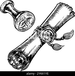 Un ancien rouleau scellé avec un sceau et un timbre de cire à cacheter. Graphiques vectoriels en noir et blanc. Illustration dessinée à la main sur un fond blanc. Un design Illustration de Vecteur