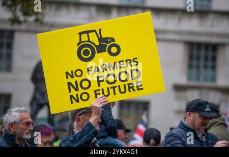 Londres, Royaume-Uni. 19 novembre 2024. Manifestant avec pancarte au London Farming Rally à Whitehall, pour protester contre les plans du gouvernement de réduire l'allégement des droits de succession à 50% pour les exploitations agricoles. Banque D'Images