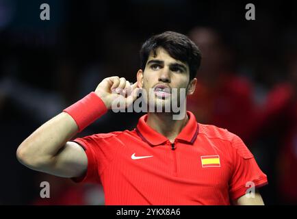 Malaga, Royaume-Uni. 19 novembre 2024. Carlos Alcaraz, d'Espagne, en action lors des quarts de finale de la Coupe Davis 2024 contre Tallon Griekspoor, des pays-Bas, au Palacio de Deportes Jose Maria Martin Carpena Arena à Malaga. Crédit : Isabel Infantes/Alamy Live News Banque D'Images