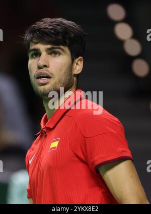 Malaga, Royaume-Uni. 19 novembre 2024. Carlos Alcaraz, d'Espagne, en action lors des quarts de finale de la Coupe Davis 2024 contre Tallon Griekspoor, des pays-Bas, au Palacio de Deportes Jose Maria Martin Carpena Arena à Malaga. Crédit : Isabel Infantes/Alamy Live News Banque D'Images