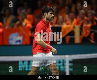 Malaga, Royaume-Uni. 19 novembre 2024. Carlos Alcaraz, d'Espagne, en action lors des quarts de finale de la Coupe Davis 2024 contre Tallon Griekspoor, des pays-Bas, au Palacio de Deportes Jose Maria Martin Carpena Arena à Malaga. Crédit : Isabel Infantes/Alamy Live News Banque D'Images