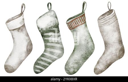 Chaussettes de Noël Aquarelle Vintage dessin isolé sur fond blanc Banque D'Images