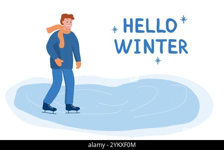 Illustration sur le thème de l'hiver mettant en scène un homme patinant sur un étang gelé alors qu'il était chaudement vêtu d'une veste, d'une écharpe et de gants. Le design comprend le texte Hello Winter en lettrage ludique avec des accents de flocon de neige Illustration de Vecteur