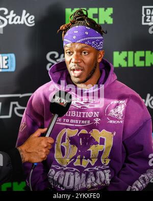 LONDRES, ROYAUME-UNI. 19 Nov 24. Olajide Olayinka Williams 'JJ' Olatunji (alias KSI) a donné une interview aux médias lors de Misfits Boxing présente Fury vs Till Launch Conférence de presse à Leonardo London City le mardi 19 novembre 2024 à LONDRES, ANGLETERRE. Crédit : Taka G Wu/Alamy Live News Banque D'Images