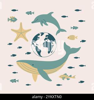 Illustration d'art plat vectoriel mettant en vedette la vie marine, une baleine, un dauphin, un poisson et une étoile de mer. Illustration de Vecteur