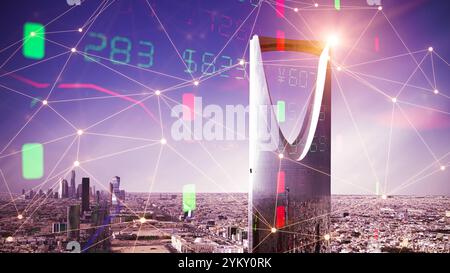 Diagramme de graphique financier d'affaires monétaires de pièce de monnaie. Riyad ville Skyline drone Shoot . Riyad ville Skyline drone Shoot . Un drone a tué King Fahd Road à Riyad Banque D'Images