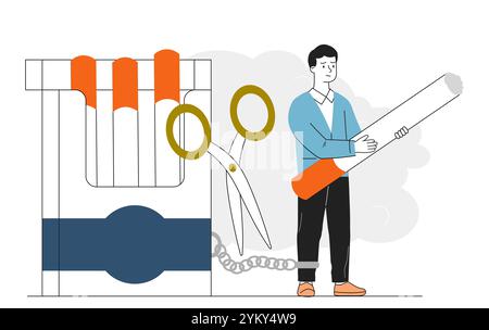 Homme dépendant au tabagisme. Jeune homme avec cigarette dans les mains et ciseaux. Luttez contre les mauvaises habitudes et le style de vie de santé. Vecteur linéaire Illustration de Vecteur