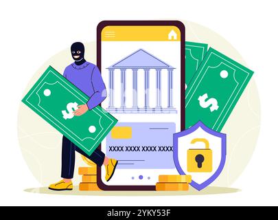 Concept criminel numérique. Homme dans le masque avec billet de banque et pièces d'or fuit l'écran du smartphone. Cyber-criminel et hacker. Escroc Internet et Illustration de Vecteur