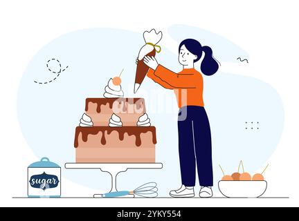 Chef décorant le gâteau. Femme prépare le dessert et la délicatesse. Pâtisserie maison et produits de boulangerie avec glaçage au chocolat. Boulanger et confiseur. Linéaire Illustration de Vecteur