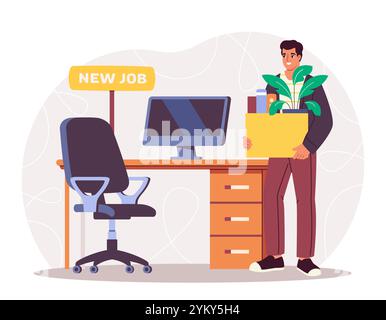 Homme avec nouveau travail. Jeune gars avec boîte de choses près de la table vide et de la chaise. Gestionnaire et commis sur le lieu de travail. Bienvenue au travail. Illustration vectorielle plate Illustration de Vecteur
