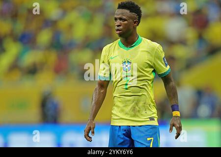 Salvador, Brésil, 19 novembre 2024. Vin&#xed;cius Jr. du Brésil réagit lors du match entre le Brésil et l'Uruguay pour la 12e manche des qualifications de la Coupe du monde FIFA 2026, au stade Arena fonte Nova Banque D'Images