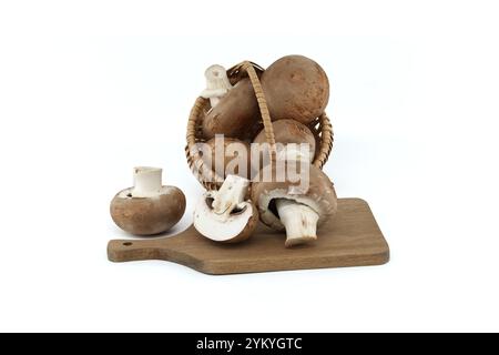 Un panier en osier débordant de champignons frais, y compris des variétés entières et tranchées, élégamment disposées sur une planche à découper en bois. Banque D'Images