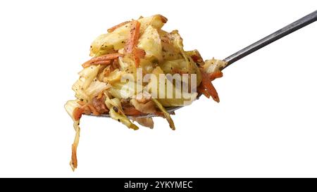 cuillère pleine de chou et de carotte mélangée à une salade d'épices tempérées fond blanc isolé, plat de légumes croquants frais savoureux vue rapprochée Banque D'Images