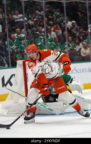 Dallas, États-Unis. 18 novembre 2024. Brett Leason #20 des Ducks d'Anaheim contrôle la rondelle contre les Stars de Dallas lors du match de saison régulière de la LNH au American Airlines Center. Score final Dallas Stars 2- 4 Canards d'Anaheim. Le 18 novembre 2024 à Dallas, Texas. (Photo de Javier Vicencio/Eyepix Group/SIPA USA) crédit : SIPA USA/Alamy Live News Banque D'Images