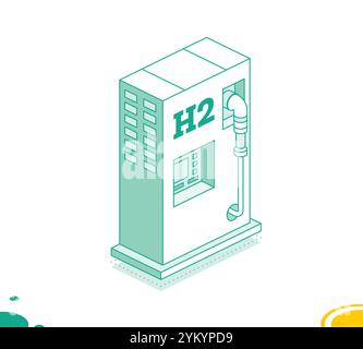 Station de remplissage d'hydrogène h2. Concept de contour isométrique. Illustration vectorielle. Objet isolé sur fond blanc. Illustration de Vecteur