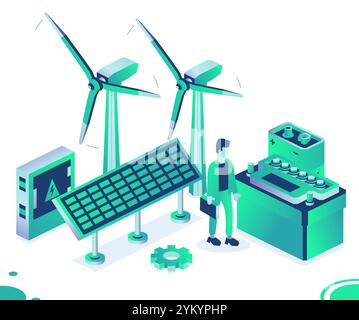 Isométrique deux éoliennes, panneau solaire, accumulateur de voiture et batterie 9v isolé sur fond blanc. Production d'énergie verte propre. Illustration de Vecteur