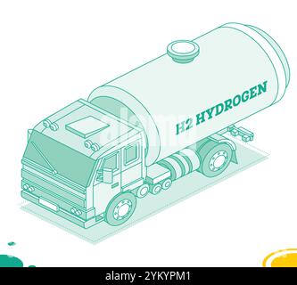 Camion avec réservoir d'hydrogène. Concept de contour isométrique. Illustration vectorielle. Voiture isolée sur fond blanc. Illustration de Vecteur