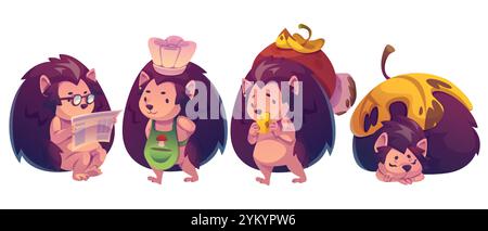 Caractères hérisson définis isolés sur fond blanc. Illustration de bande dessinée vectorielle du journal de lecture d'animaux piquants mignons, portant un tablier et un chapeau de cuisinier, portant un champignon, dormant sous la feuille d'automne Illustration de Vecteur