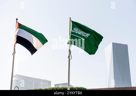 Drapeaux de l'Arabie saoudite et des Émirats arabes Unis sur fond d'un grand bâtiment, Banque D'Images