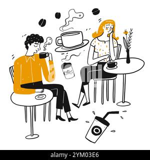 Le personnage dessinant des gens, pause café. Illustration vectorielle dans le style doodle d'esquisse. Illustration de Vecteur